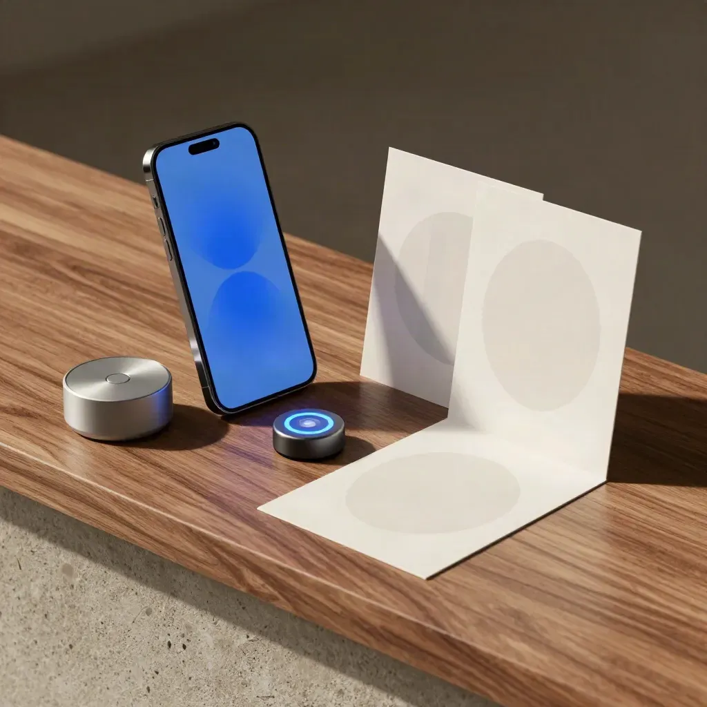 Angled phone glows beside target puck and ad mockup cards on a stone plinth.