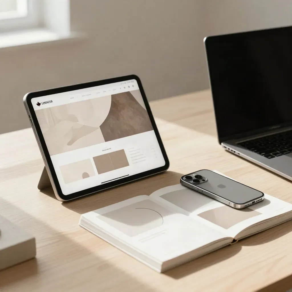Website design mockup setup with tablet, laptop, phone and boards on pale wood.