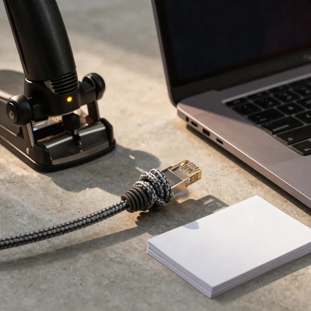 Macro of a router, ethernet coil, closed laptop and blank cards on concrete with warm light.