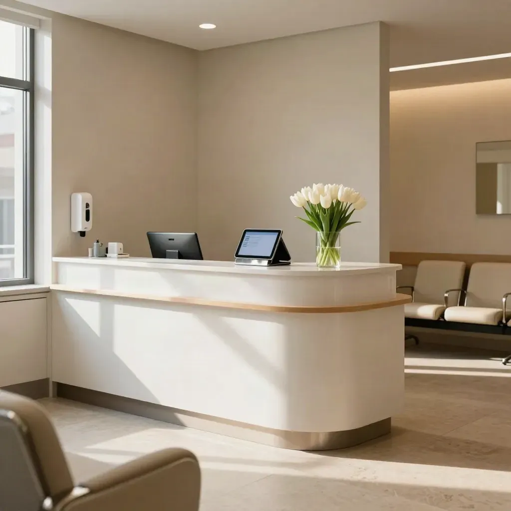 Warm Toronto clinic reception with white oak counter, tulips, chairs, and a glowing tablet.