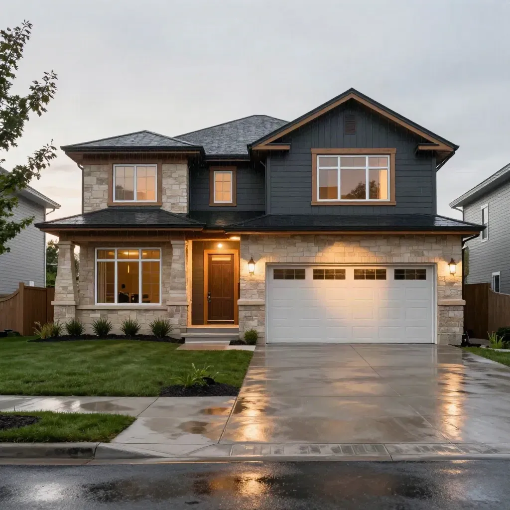 Completed Edmonton home exterior with wet driveway, lit entry, and mist after rain.