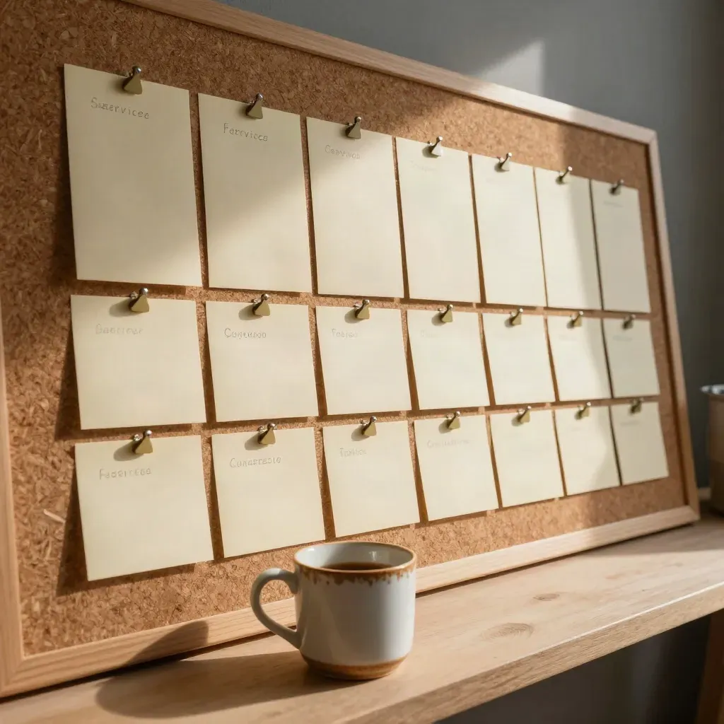 Moody content strategy cards, topic tabs, and a ceramic mug on a studio planning board.