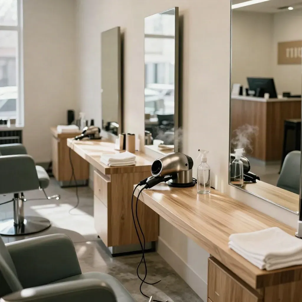 Empty Calgary salon with lit stations, towels, tools, and a muted teal accent chair
