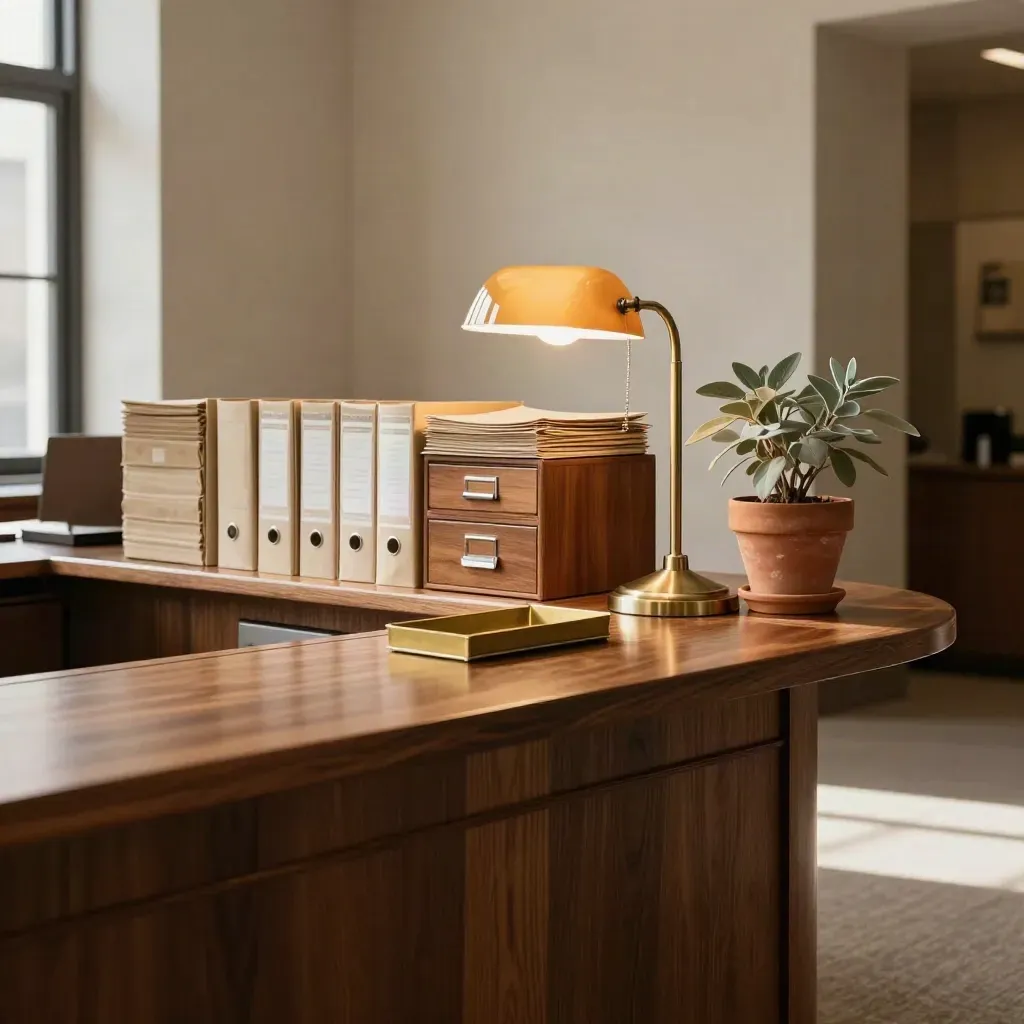 Elegant Ottawa accountant office with folders, lamp, wood storage, and a calm planted corner