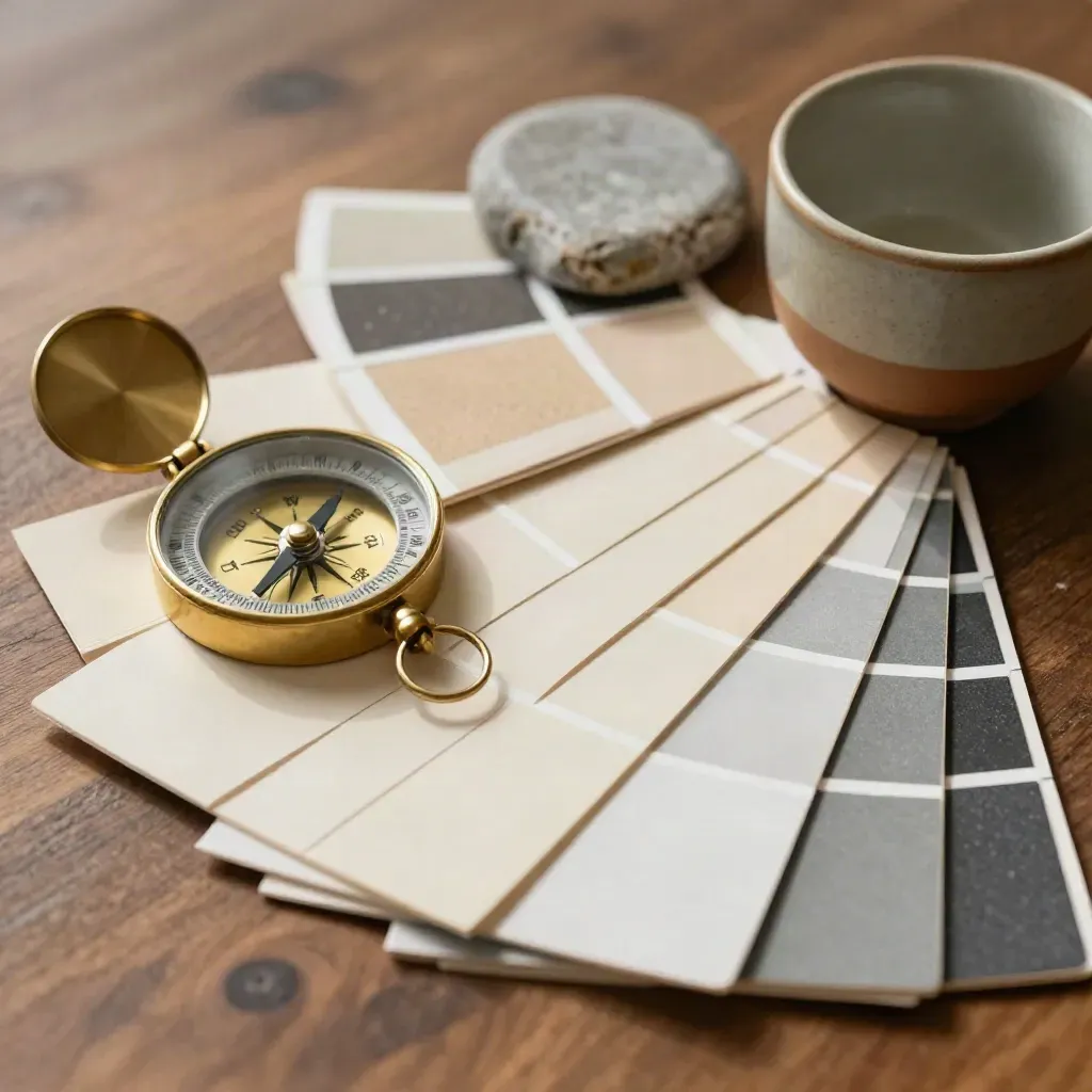 Macro still life of a strategy kit on walnut with brass compass, swatches, stone paperweight and cup.