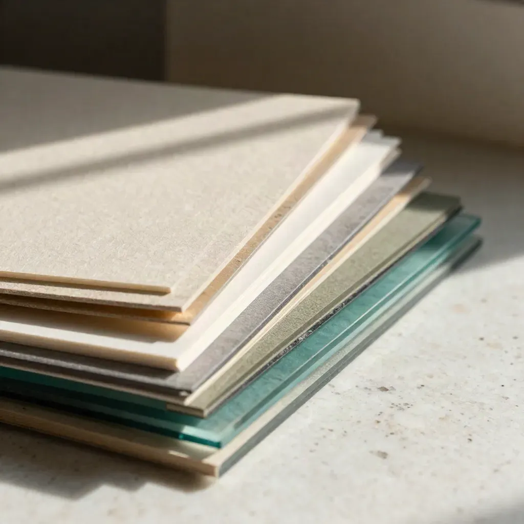 Layered acrylic, paper and fabric swatches with a teal tile in a warm studio close-up.