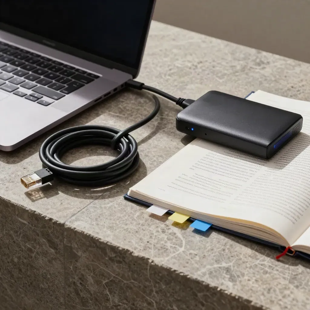 Closed laptop, ethernet coil, bookmark tabs, and external drive on stone