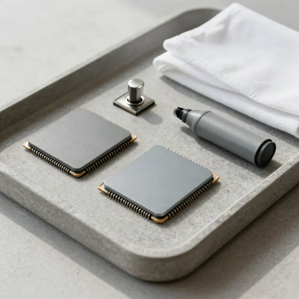Stone tray still-life with mockup chips, toggle switch, graphite cap, and white cloth