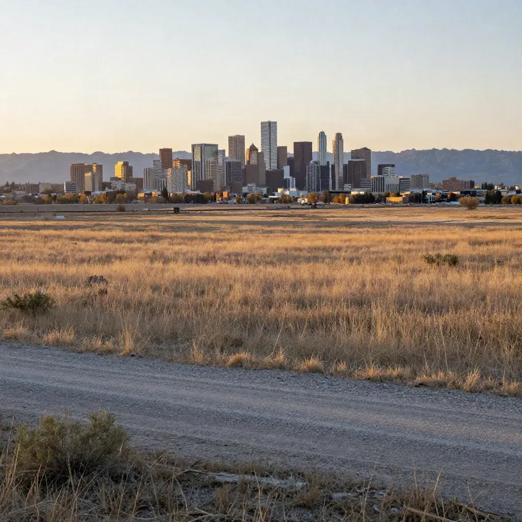 Calgary skyline over prairie grass with hazy Rockies at golden hour