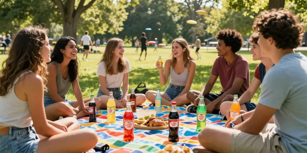 Enjoying Canadian soda brands at a sunny picnic with friends.